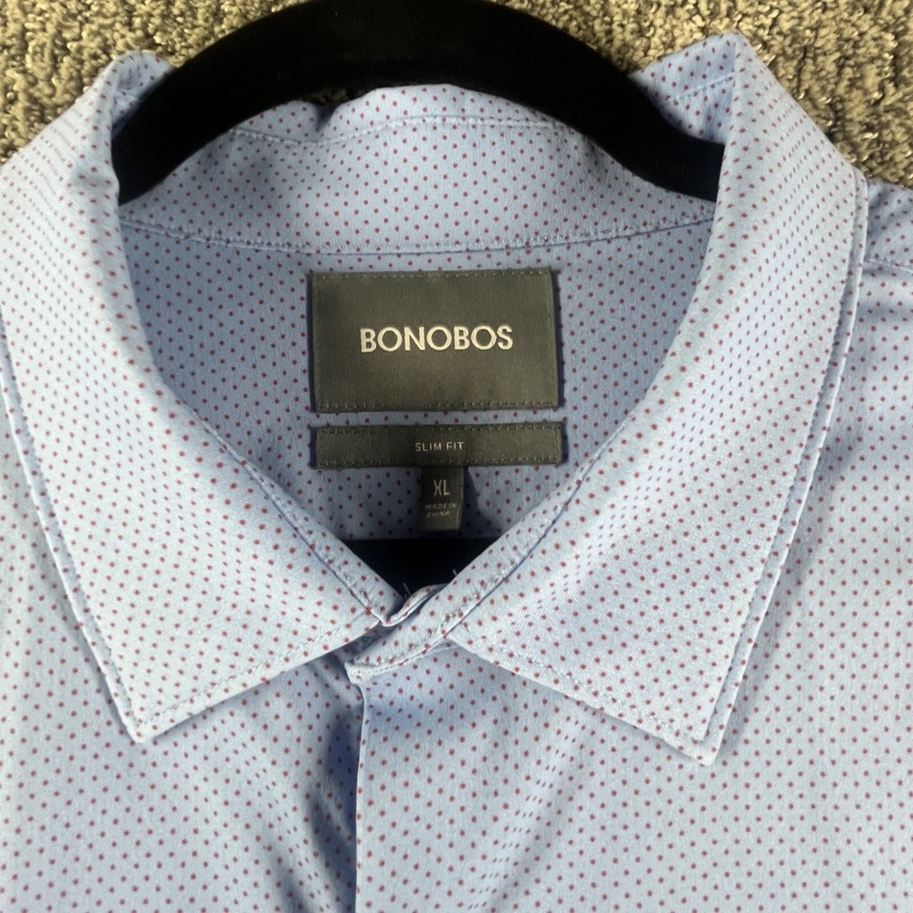 Bonobos Performance Button Shirt Men XL Tailored Slim Fit Blue Red Dots Stretch